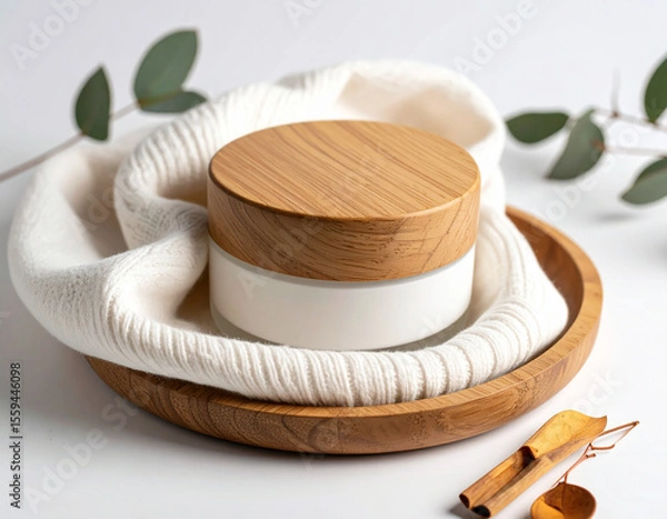 Fototapeta Rolled cotton towel on wooden tray with lid, pinecones and soft natural accents in bright minimal setting