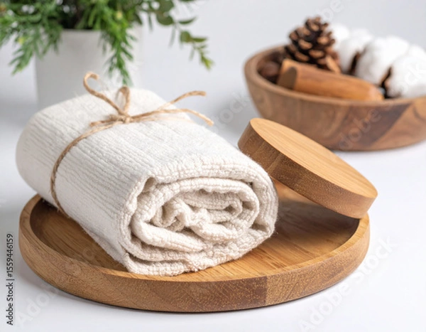 Fototapeta Rolled cotton towel on wooden tray with lid, pinecones and soft natural accents in bright minimal setting