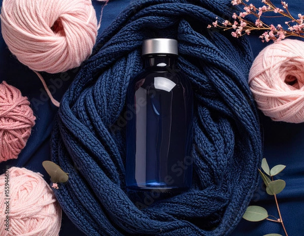 Fototapeta Glass bottle with blank label on blue fabric surrounded by pink yarn and scattered green leaves
