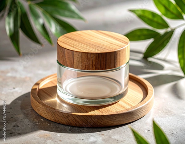 Fototapeta Clear jar with wooden lid placed on a wooden board with fresh green leaves on a bright surface