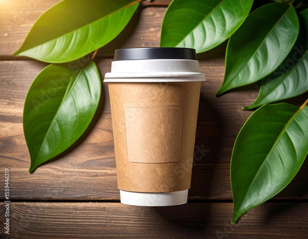 Fototapeta Eco-style paper coffee cup centered among glossy green leaves on rustic wooden surface