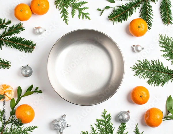 Fototapeta Stainless bowl surrounded by whole and sliced tangerines with green leaves on a clean white surface
