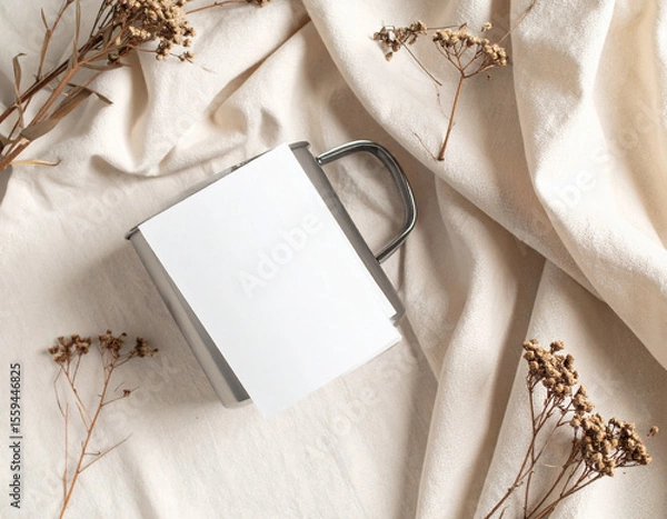 Fototapeta Metal mug and kraft envelope with blank tag on soft fabric surrounded by fresh green leaves