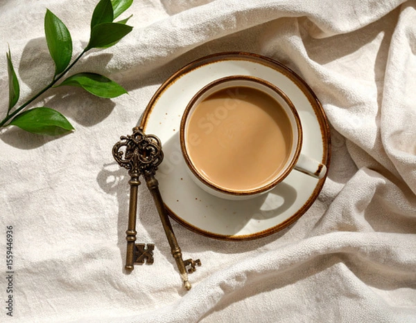 Fototapeta Enamel mug with coffee and antique key on softly lit beige fabric with dried botanical accents