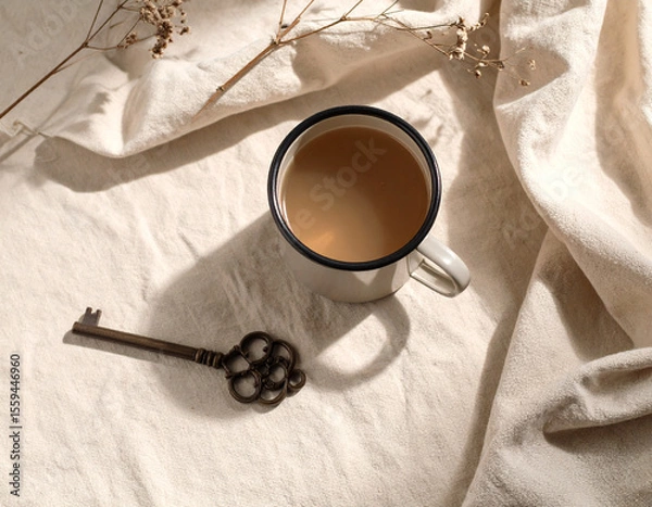 Fototapeta Enamel mug with coffee and antique key on softly lit beige fabric with dried botanical accents