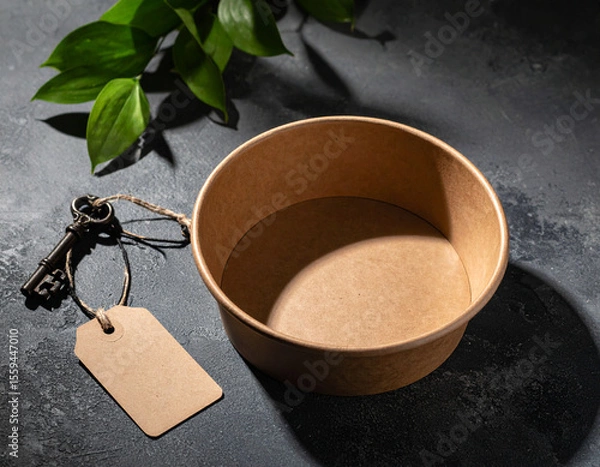 Fototapeta Clay bowl with blank tag and antique key surrounded by green leaves on dark textured surface