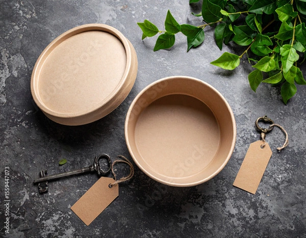 Fototapeta Enamel mug with coffee and antique key on softly lit beige fabric with dried botanical accents