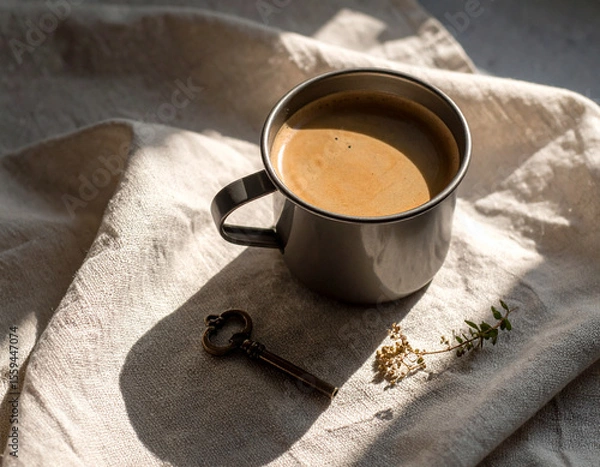 Fototapeta Enamel mug with coffee and antique key on softly lit beige fabric with dried botanical accents