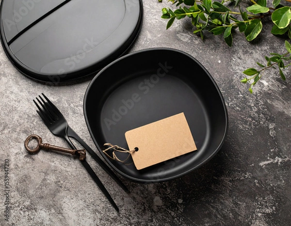 Fototapeta Frying pan with utensils on a wooden kitchen table surrounded by cooking items