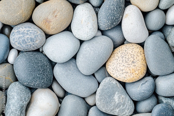 Fototapeta A collection of smooth rounded pebbles in various shades of gray and tan