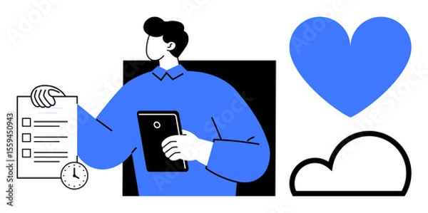 Obraz Person holding a tablet and checklist near a clock, with a blue heart and cloud. Ideal for productivity, task management, time tracking, personal development, healthcare, cloud storage, and a simple