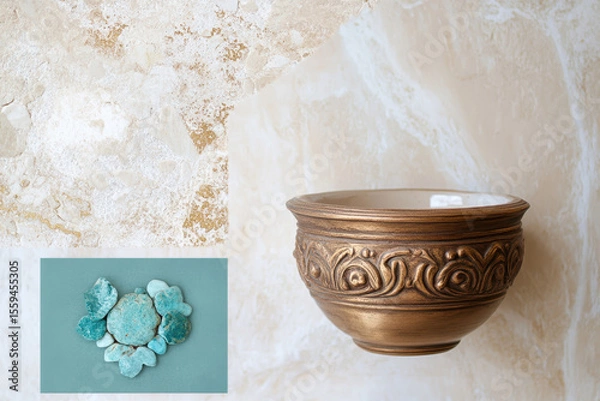 Fototapeta Ornate bronze pot with decorative stone arrangement on textured surface