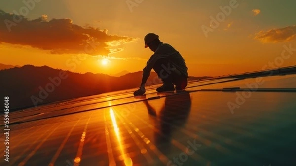 Fototapeta Technology solar cell, Engineer service check installation solar cell on the roof of factory on the morning. Silhouette technician inspection and repair solar cell on the roof of factory.