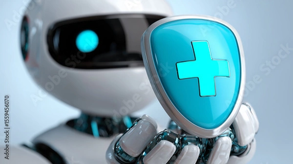 Fototapeta Robotic Guardian of Care: a friendly medical robot extends a turquoise shield emblazoned with a cross, promising AI-assisted protection, diagnostics and patient safety in tomorrow’s healthcare.
