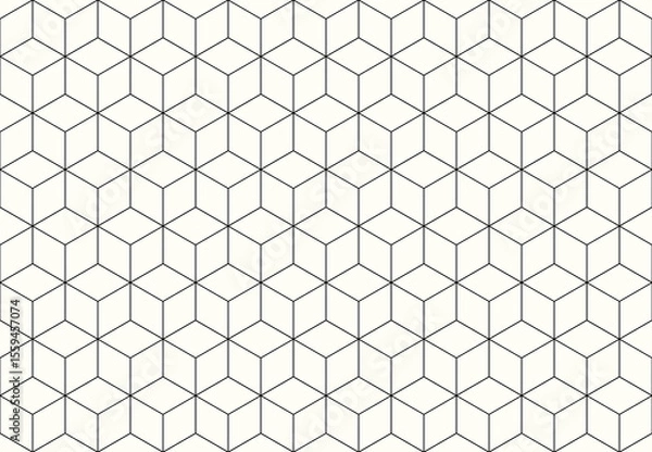 Obraz seamless pattern tessellation of hexagon, isometric cubes, creating a repeating 3D-like effect with dark grey lines on cream white background. Vector.