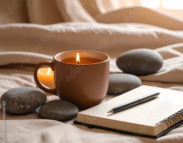 Fototapeta A peaceful still life with a lit candle, smooth stones, cup of tea, journal and pen, soft fabric background, warm ambient light, zen mood, no people
