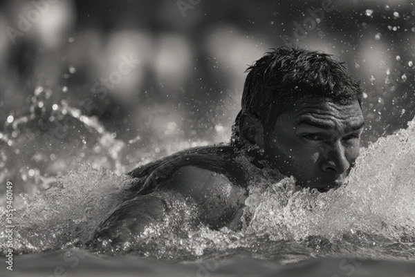 Obraz dynamic moment of kayak water polo featuring focused player on right side of frame