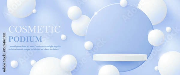 Fototapeta 3D skincare and cosmetic podium scene with soft white bubbles on pastel blue background for beauty product display, brand ads, branding mockup, showcase and advertising or wellness campaigns