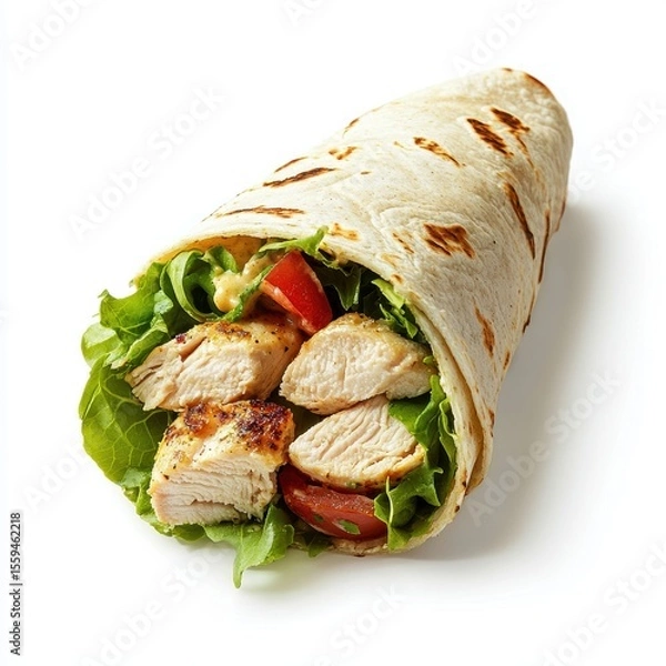 Fototapeta Fresh Chicken Wrap with Lettuce Tomato and Vegetables in Flatbread Rolled Snack or Lunch Meal