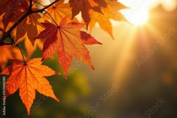 Fototapeta Golden and russet maple leaves, backlit by sunlight, showing intricate detail , light, fall colors