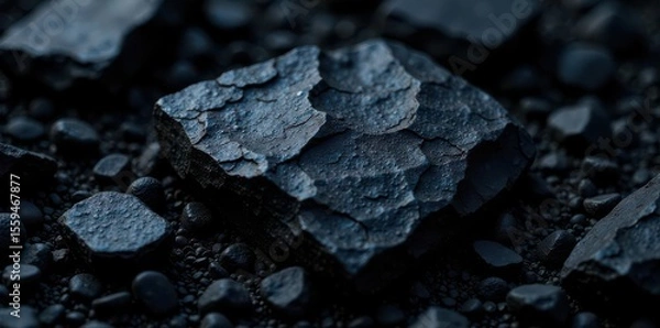 Fototapeta Intricate black coal stone, granular pattern Shadows accentuate uneven surface , fuel, pattern