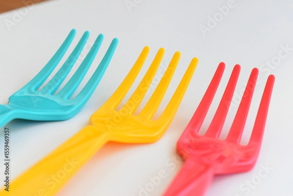 Fototapeta colorful fork isolated on white background, plastic cutlery for picnic