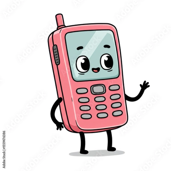 Fototapeta Cartoon red mobile phone character with antenna and facial expression, vintage tech mascot in 3D, isolated on a transparent background, png, cutout