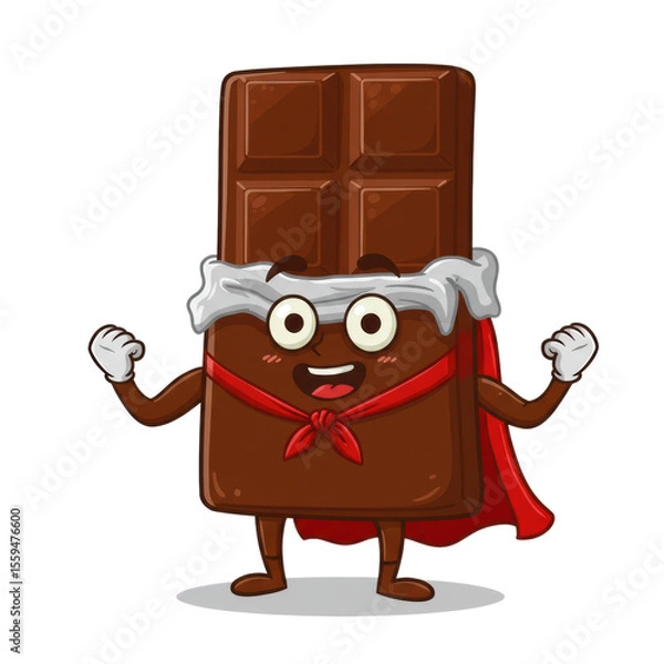 Fototapeta Cartoon chocolate bar character dressed as a superhero with cape and smile, fun mascot design in 3D style, isolated on a transparent background, png, cutout