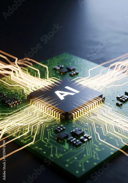 Fototapeta AI chip embedded in a futuristic green PCB board.