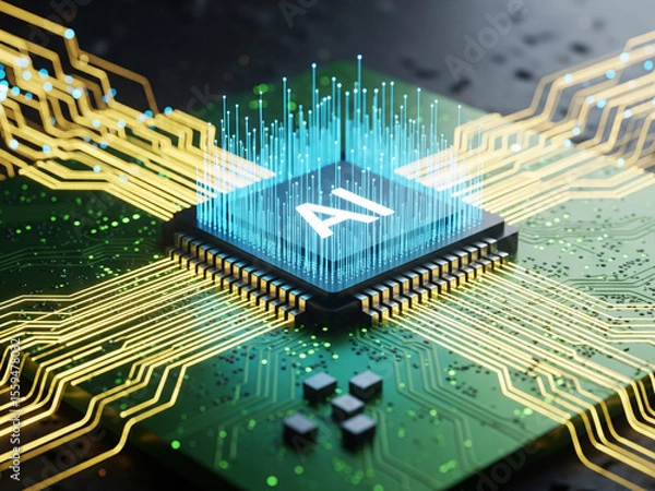 Fototapeta AI chip embedded in a futuristic green PCB board.