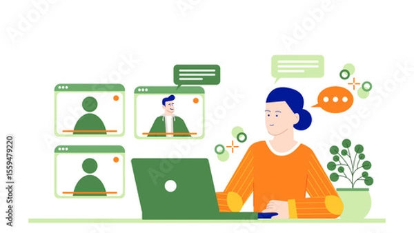 Fototapeta Person using a laptop to video conference with colleagues. Suitable for remote work, virtual meetings, online teamwork, and communication visuals.
