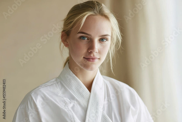 Fototapeta portrait of massage therapist standing calmly by window soft light highlighting relaxation and harmony
