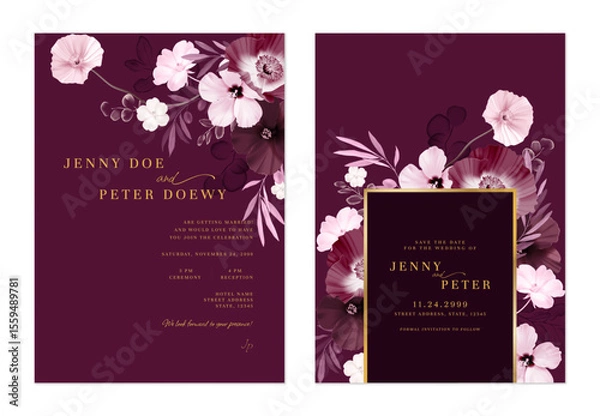 Obraz Wedding invitation and save the date template set of elegant flowers in shades of pink and purple on a dark purple background