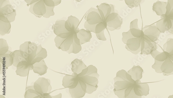 Obraz Floral seamless pattern features translucent hibiscus flowers in shades of green on a soft yellow background. The flowers have a painterly, slightly abstract quality