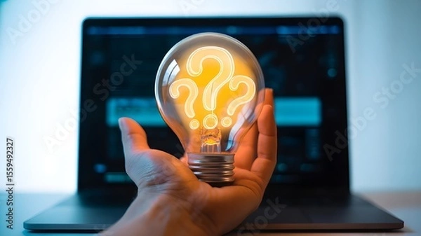 Fototapeta Hand holding a lightbulb with question marks representing knowledge seeking, answers, and innovative idea concepts.