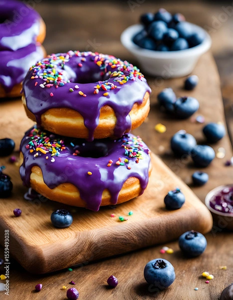 Fototapeta Pink Glazed Donut with Sprinkles Arranged in a Tower on Wooden