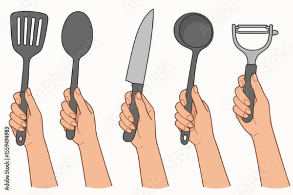 Fototapeta Vector Set Hands holding kitchen utensils vector collection on white background