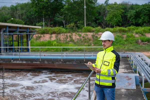 Fototapeta A wastewater treatment engineer is checking the treatment pond system to ensure that the water is clean and meets the standards.