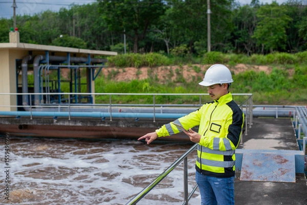Fototapeta A wastewater treatment engineer is checking the treatment pond system to ensure that the water is clean and meets the standards.