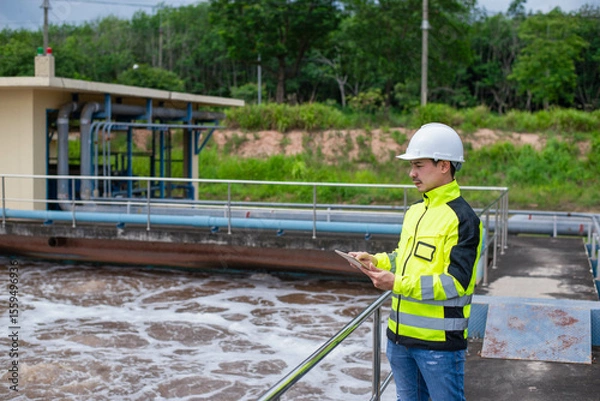 Fototapeta A wastewater treatment engineer is checking the treatment pond system to ensure that the water is clean and meets the standards.
