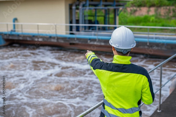 Fototapeta A wastewater treatment engineer is checking the treatment pond system to ensure that the water is clean and meets the standards.