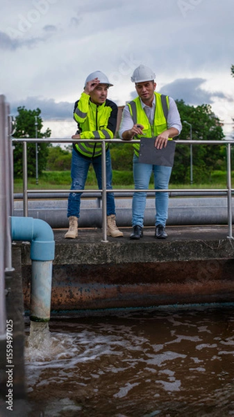 Fototapeta Wastewater treatment plant engineers are working together to inspect the wastewater treatment system for defects in order to improve the system.