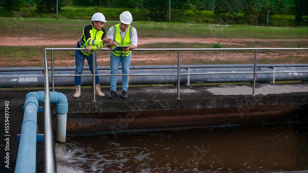 Fototapeta Wastewater treatment plant engineers are working together to inspect the wastewater treatment system for defects in order to improve the system.