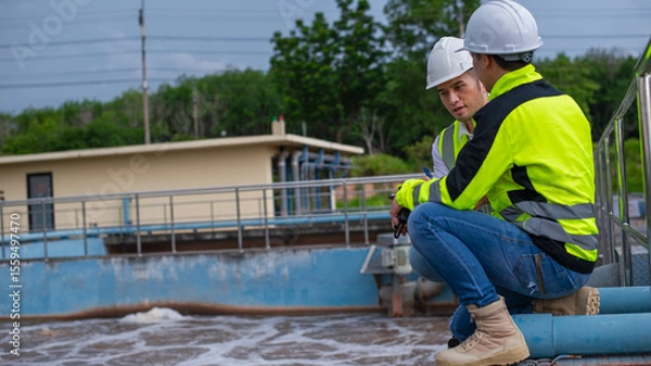 Fototapeta Wastewater treatment engineers and inspectors work together to identify faults in the wastewater treatment plant's filtration system.
