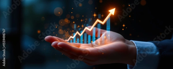 Fototapeta Rising glowing arrow chart with bar graph above open hand symbolizing growth and success in business and finance concept