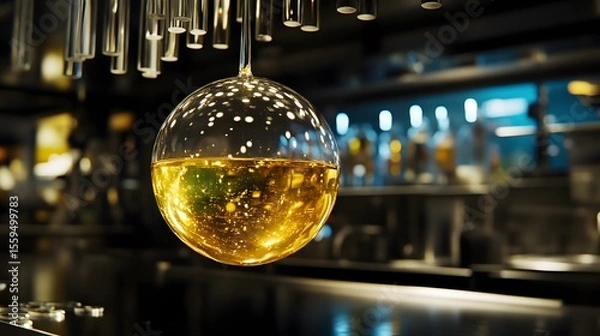 Fototapeta Golden Liquid in Glass Sphere at Bar, Abstract Drink Concept