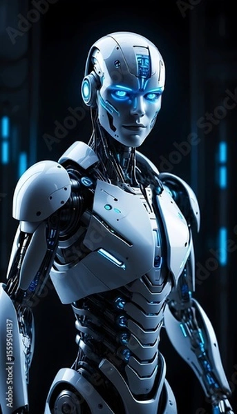 Fototapeta Realistic AI head with glowing eyes connected to data wires