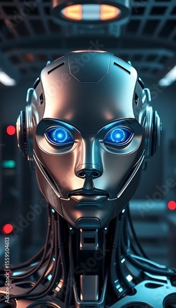 Fototapeta Realistic AI head with glowing eyes connected to data wires