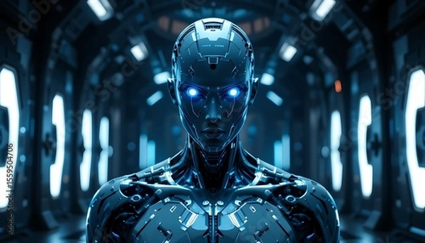 Fototapeta Realistic AI head with glowing eyes connected to data wires