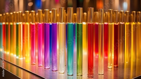 Fototapeta Vibrant Colorful Perfume Bottles Display Rainbow Glass Roll On